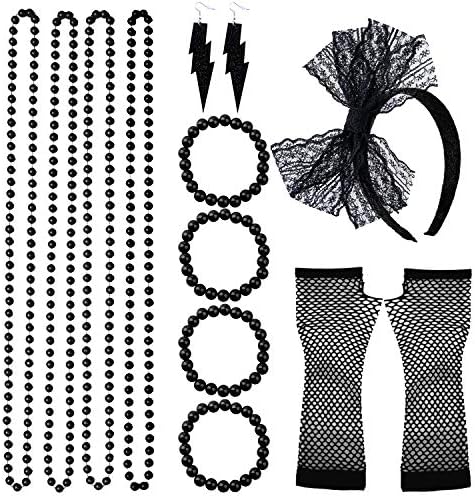Coobey 80s Neon Bracelet Necklace Bow Headband Fishnet Gloves Lighting Earring for 80s Party Costume