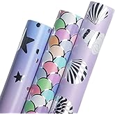 Ribbli Mermaid Scale Scallop Birthday Wrapping Paper 3 Rolls Pink and Lavender Purple Mermaid Wrapping Paper for Girls- Mini 