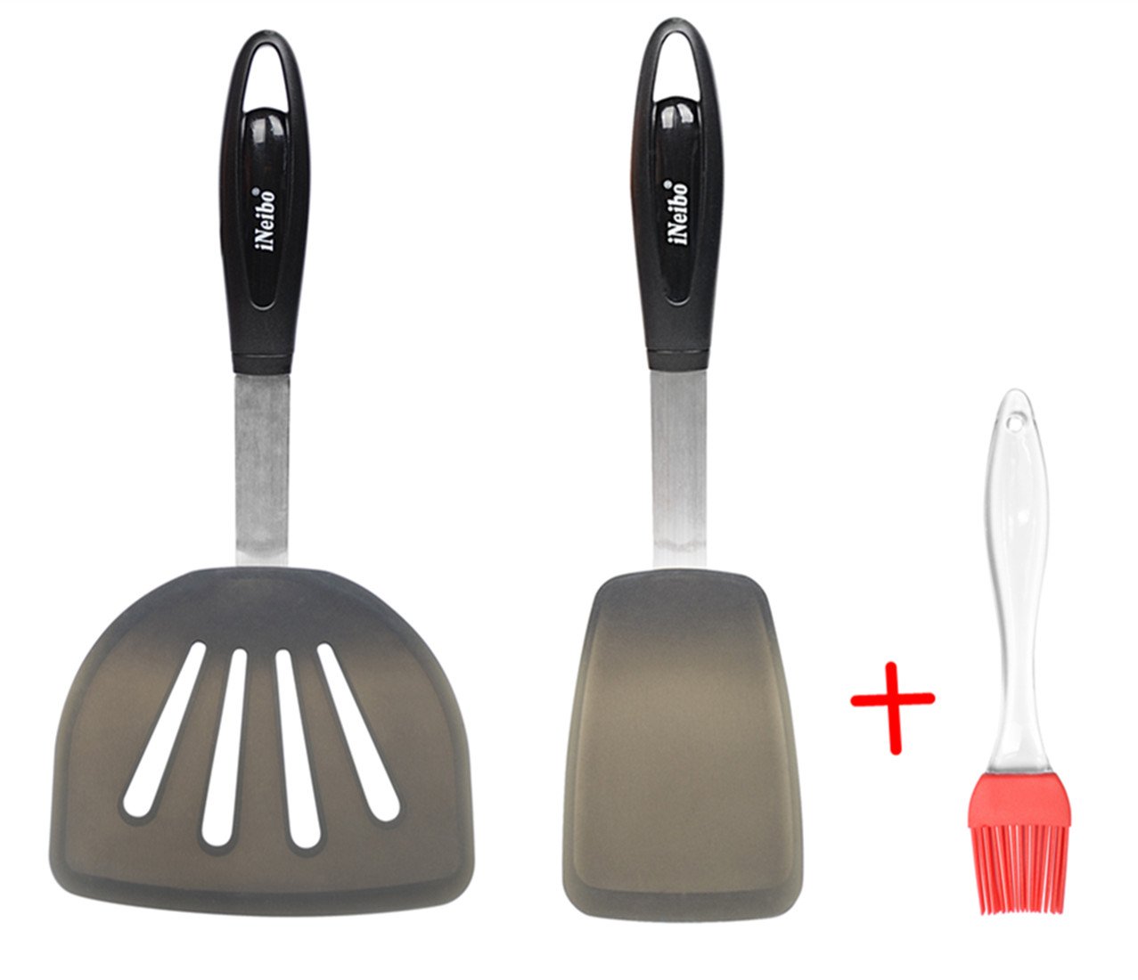 iNeibo Turner Spatula Set | 2 Pack | Kitchen Turner Spatulas | Stainless Steel & Premium Silicone | Non-Stick and 600F Heat Resistant Utensils for Cooking, Flipping and Pressing (Bonus a BBQ brush )