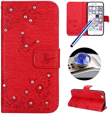 iPhone 6S Plus Glitter Leather Case,iPhone 6 Plus Cover,Etsue Pretty Bling Glitter Diamond Pu Leather Butterfly Flower Design Wallet Protective Flip Case Cover with Stand and Card Holder for iPhone 6 Plus/6S Plus 5.5"+Blue Stylus Pen+Bling Glitter Diamond Dust Plug(Colors Random)-Butterfly,Red