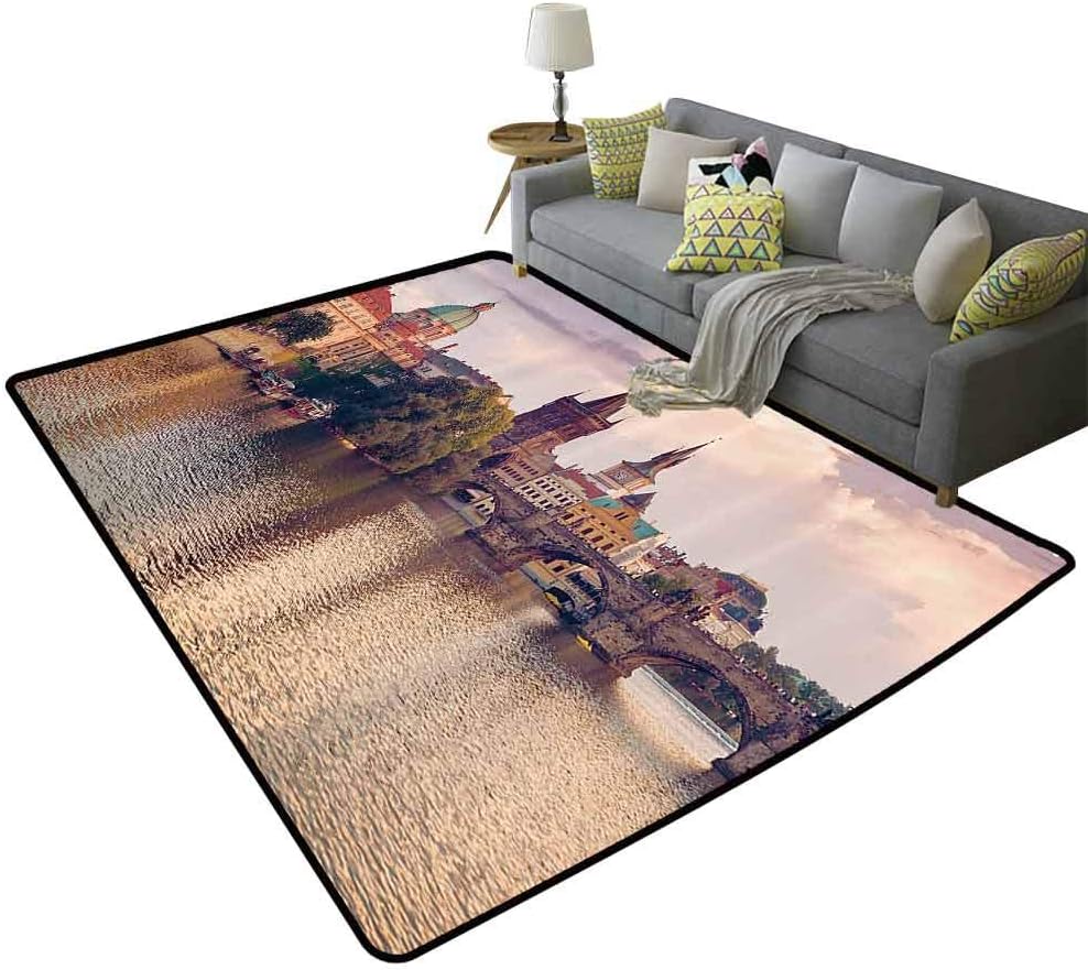 Apartment Decor Large Area Rugs Pastoral View at Charles Bridge and Spires of Prague Central Europe Gothic Buildings Image Easy to Clean Multi, 6'x 7'(180x210cm)
