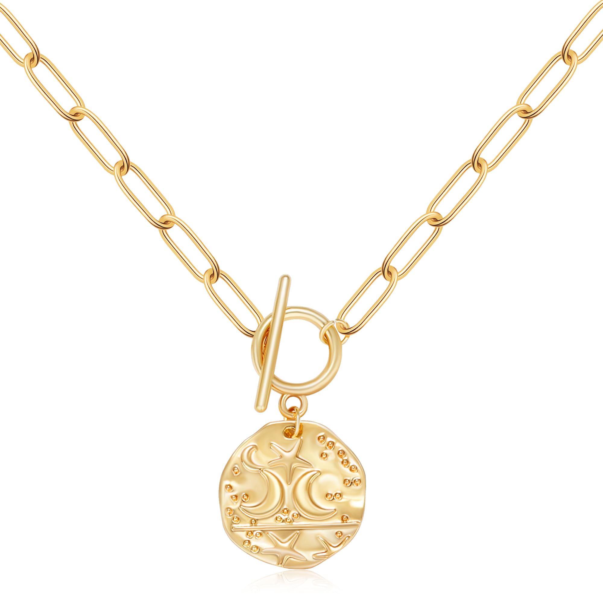 BONJOULRY Star Moon Coin Charm Toggle Necklace for