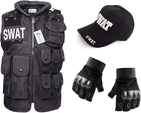 Amazon Swat コスプレ ポリス 警察 変装 コスチューム パーティー Airsoft スワット Swat ベスト 帽子 キャップ コスプレ 男女兼用 3点セット お得セット コスプレ 仮装 通販