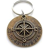Custom Bronze Compass Keychain with Engraved Disc for Couples or Best Friends, Anniversary Gift Keychain