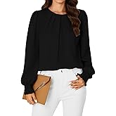 Vrtige Women's Dressy Casual Pleated Crew Neck Long Sleeve Shirt Office Work Chiffon Blouse Tops