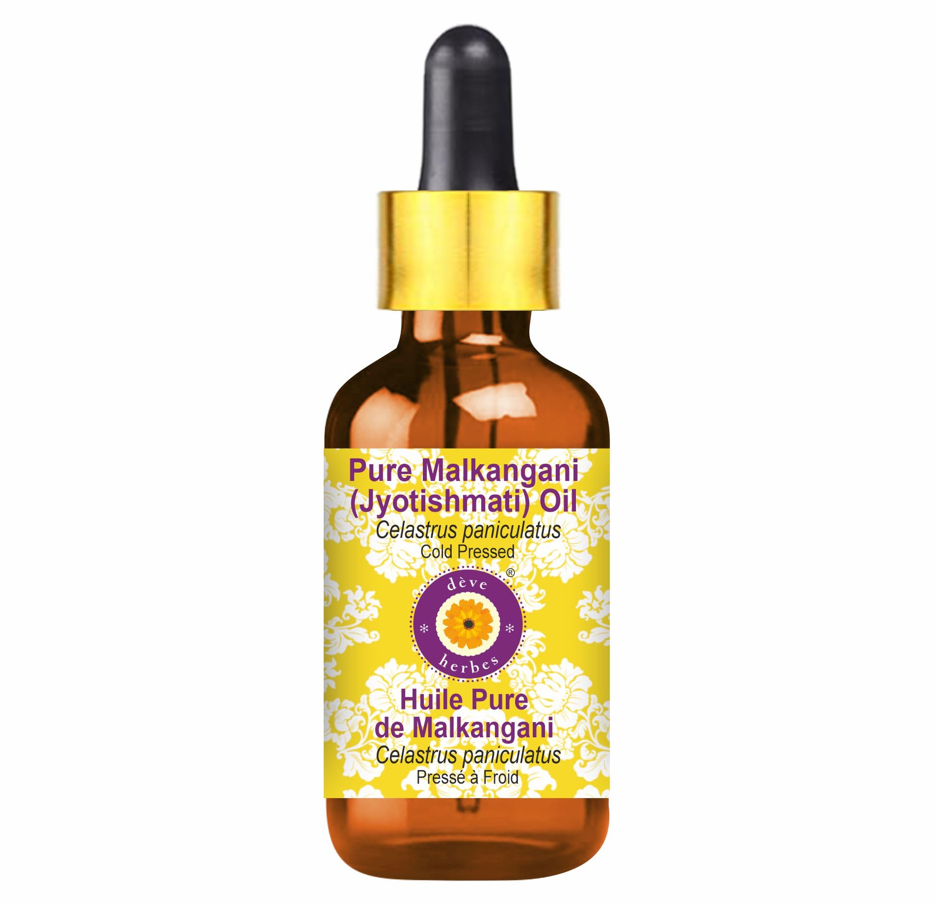 Deve Herbes Pure Malkangani (Malkangani/Jyotishmati) Oil (Celastrus paniculatus) with Glass Dropper Cold Pressed Natural Therapeutic Grade 50ml (1.69 oz)
