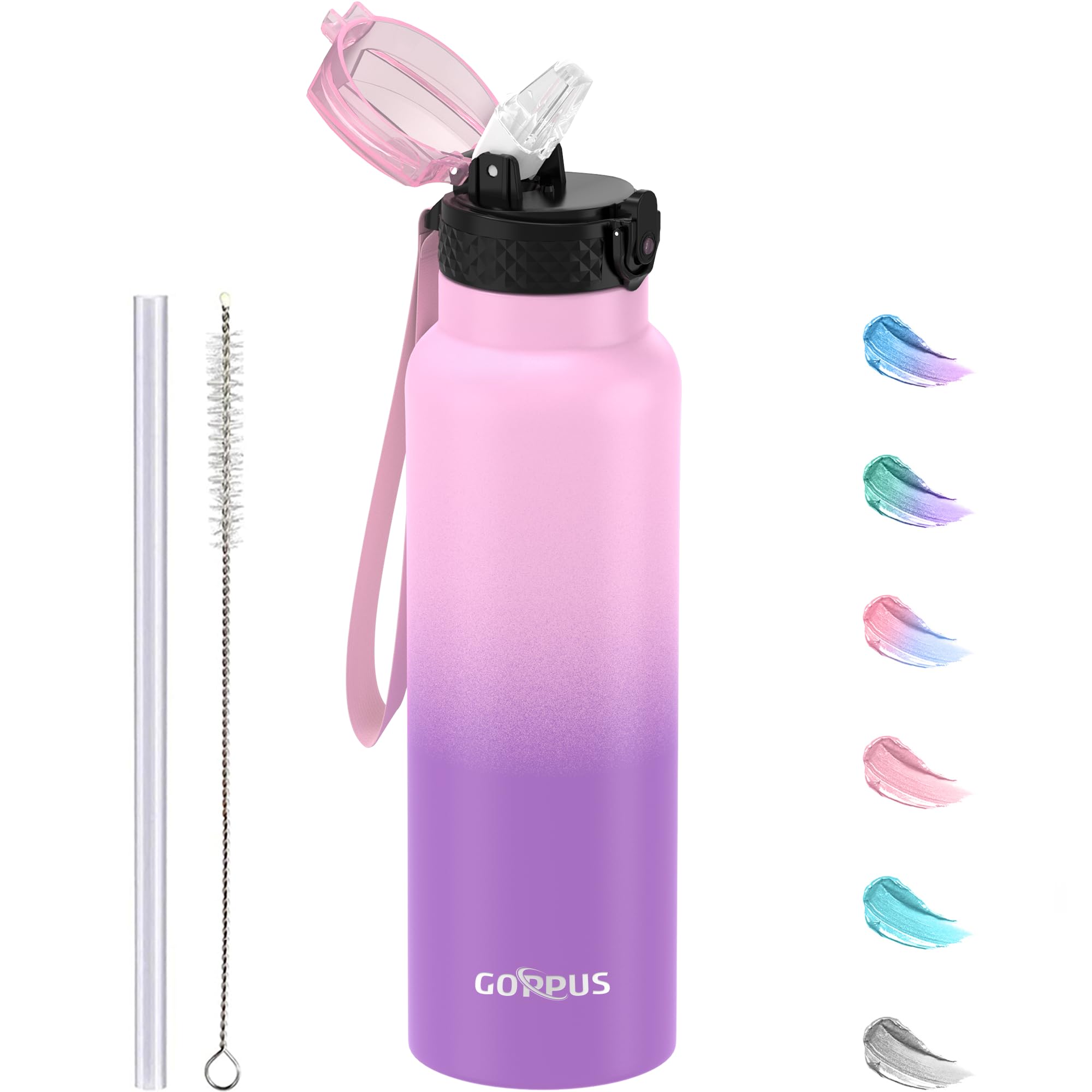 GOPPUS 750ml/26oz Stainless Water Bottle with Straw Double Wall Insulated Bottles with Strap Reusable Vacuum Thermal Flask Leakproof Keep Cold Drinks Bottles with Flip Top Lid for Men Women BPA Free