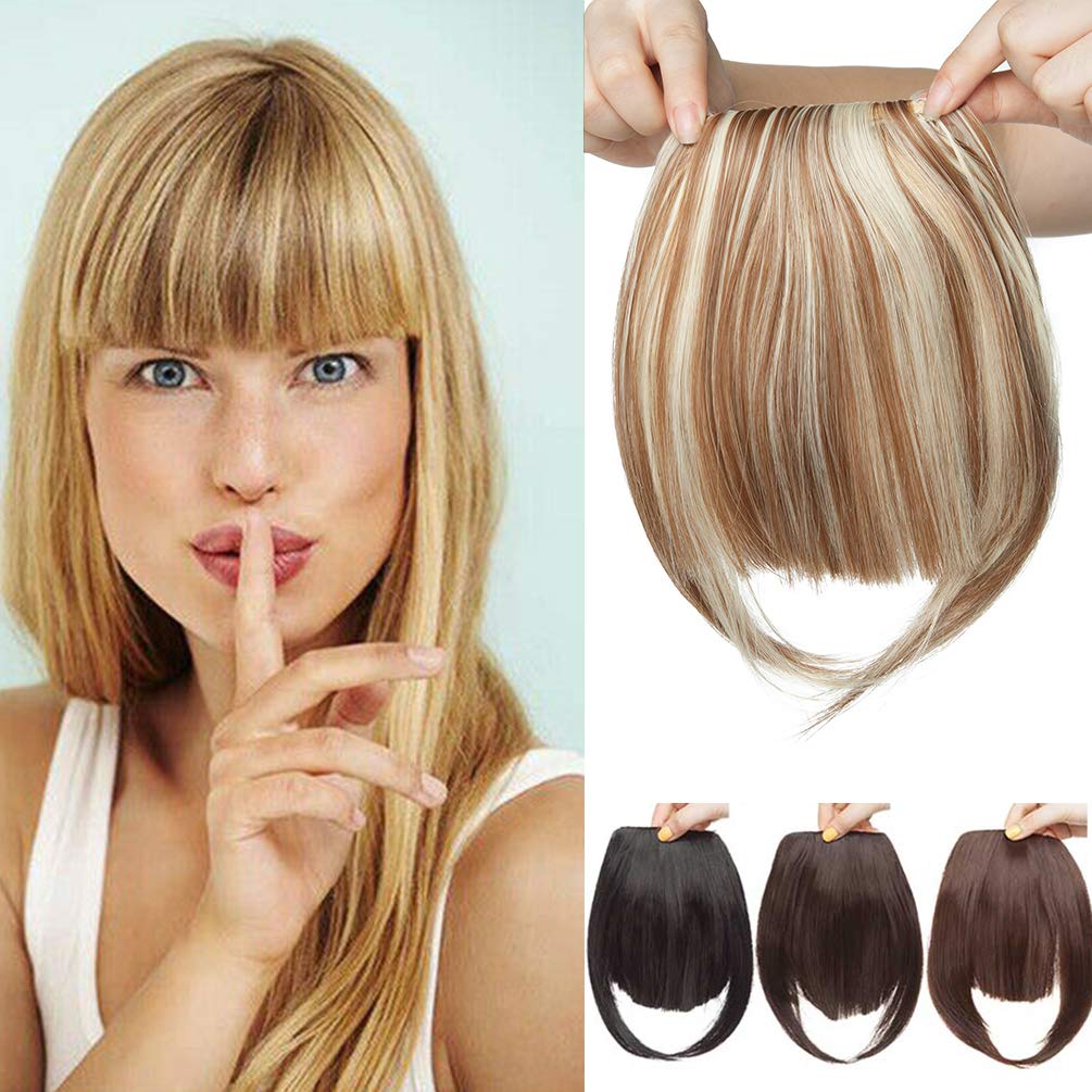 Clip-in Hair Bangs Fringe with Temple Pieces - Straight, Thick & Full Front Bangs - Ginger Brown & Bleach Blonde Mix
