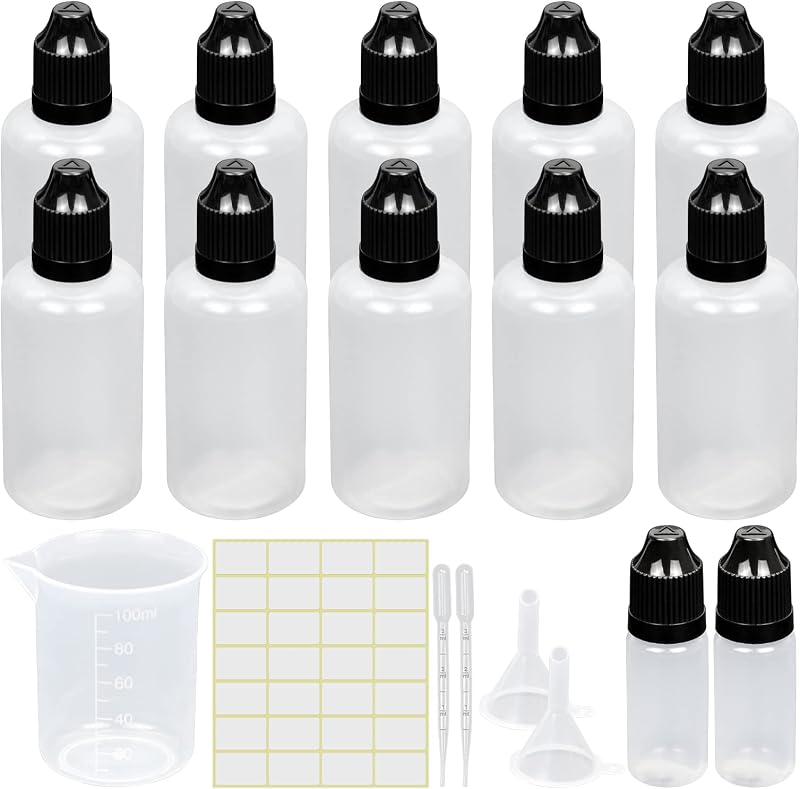 Reyshin 10 Pack 50ml Plastic Dropper Bottles with Funnels and Cup