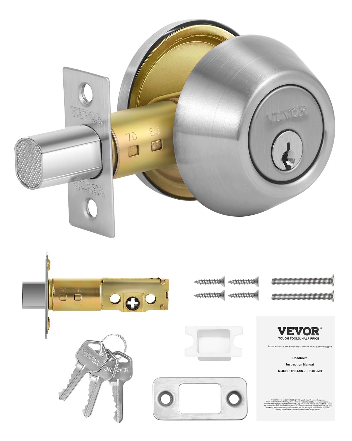 Photo 1 of VEVOR Deadbolt Lock, Round Single Cylinder Dead Bolt, Keyed 1 Side, Fits Standard Size Interior and Exterior Doors, Full Metal, with 3 Keys, for Front Entry Door Residential Security, Satin Nickel