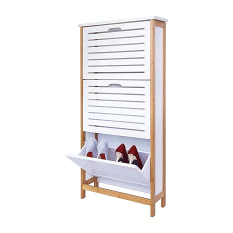 ZRI Bamboo Schuhschrank Regalsystem Bambusholz Schuhablage mit 3 Klappen,107x53x18CM/Schuhkipper in weiß