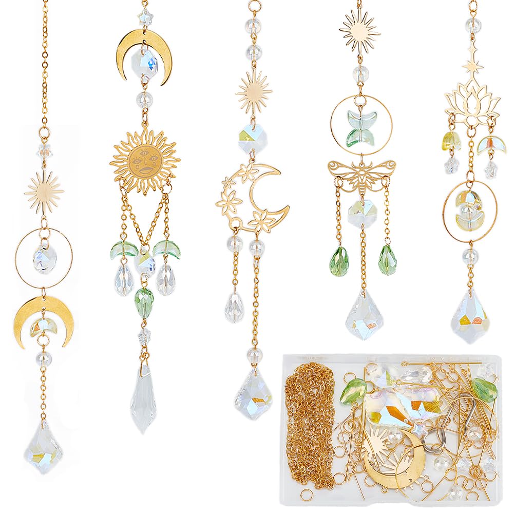 SUNNYCLUE 1 Box DIY 5 Sets Star Moon Suncatcher Kit Crystal Suncatchers Rainbow Catchers Lucky Tarot Glass Beaded Hanging Suncatchers Crystal Sun Catchers for Windows Indoor Outdoor Garden Decor