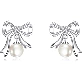 SHEAISRS Bow Pearl Earrings Sterling Silver Bow Stud Earrings For Women Freswater Pearl Earrings Jewelry