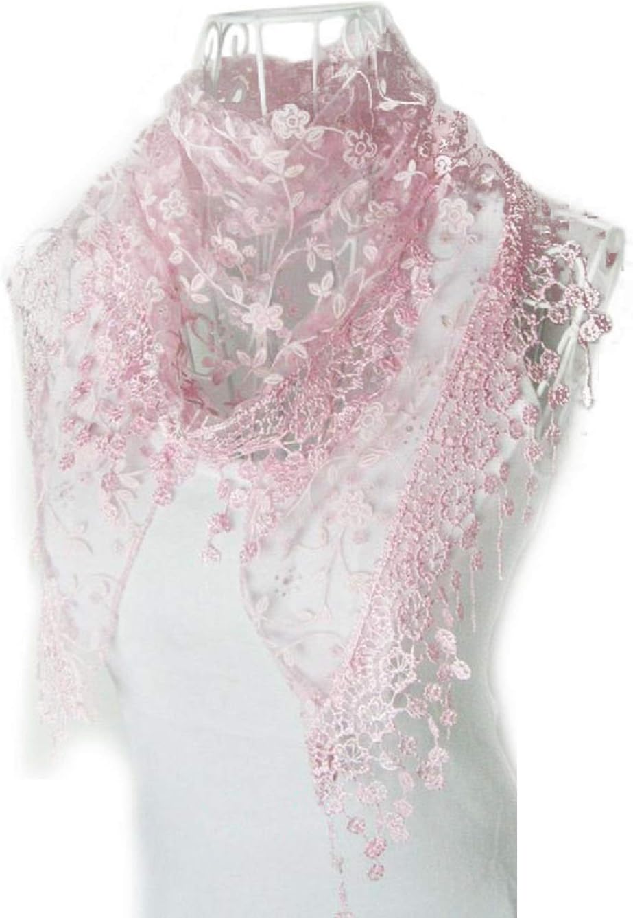 Fashion Lace Tassel Sheer Floral Print Triangle Mantilla Scarf Shawl