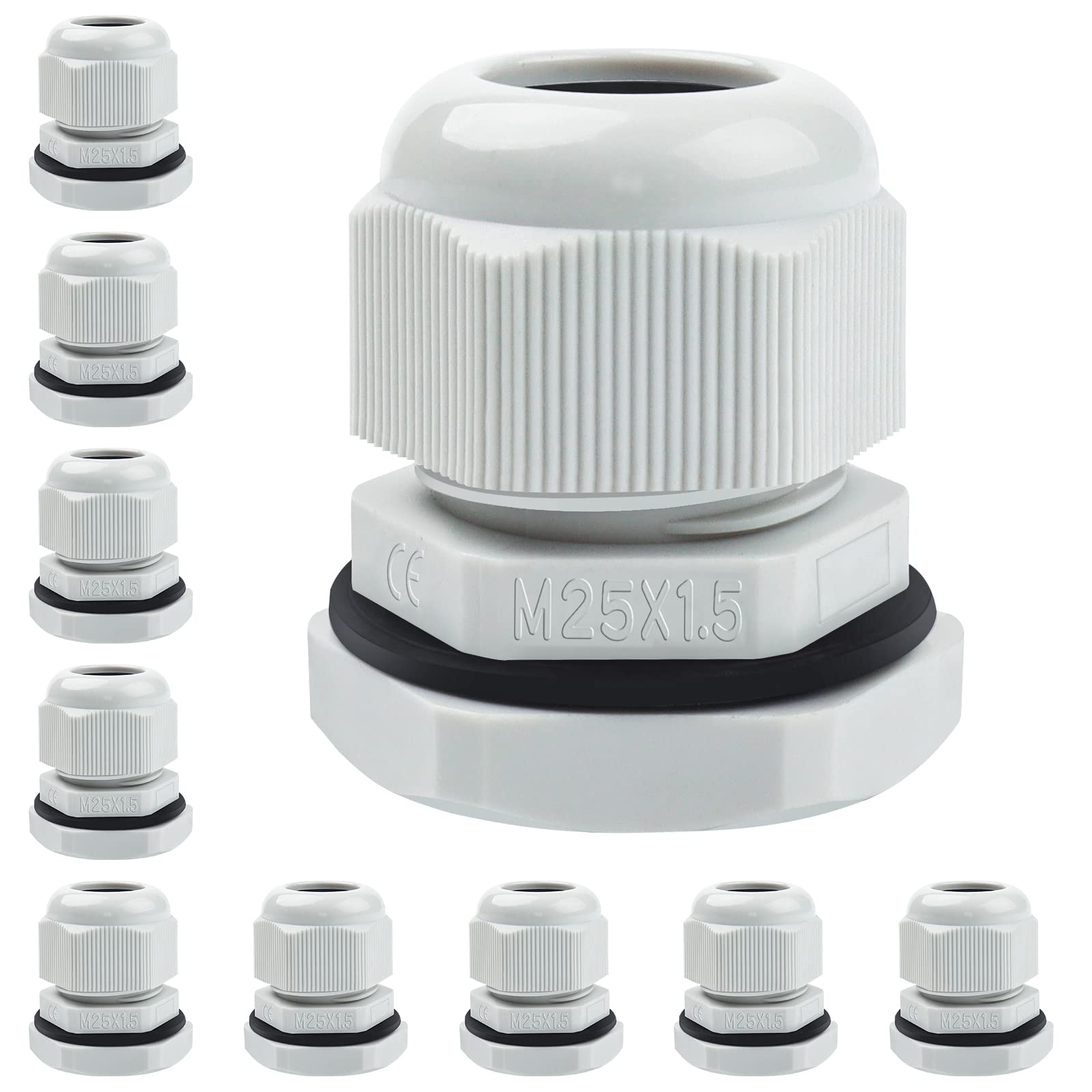 10 Pack Cable Glands M25, Hanibos IP68 Waterproof Cable Glands Nylon Compression Glands Connectors with Locknut and Washer Suitable for 12-15mm Cables White