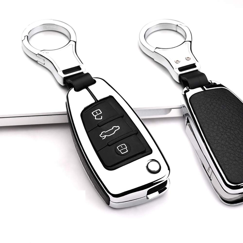 ontto for Audi Car Key Cover Leather Zinc Alloy Key Fob Cover Protector Keyring for Audi a1 a3 a4 a5 a6 a7 tt s3 q5 3-Button Remote Control Car Key Case Accessories Keychain Silver Black
