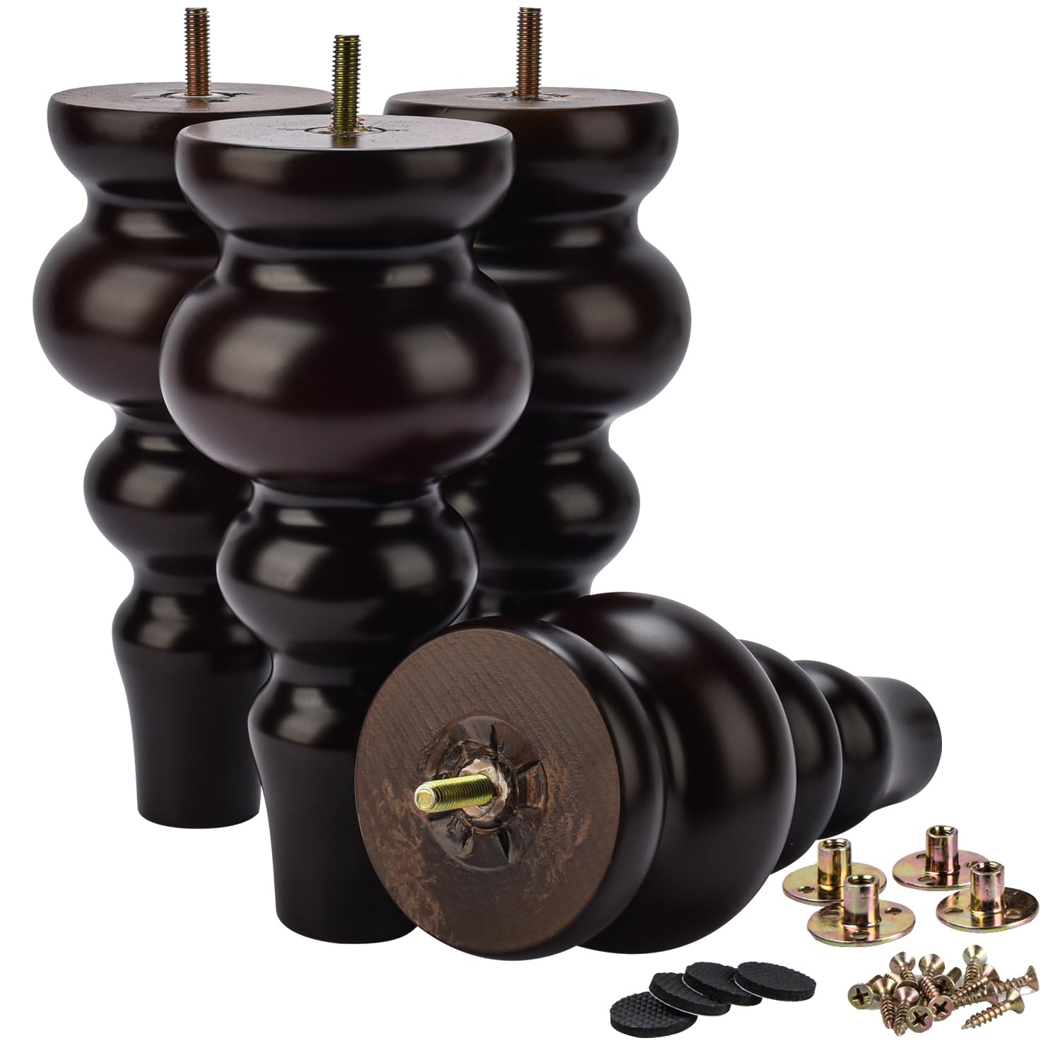 Photo 1 of La Vane 8.5 inch / 22cm Wooden Furniture Legs, 4PCS Soild Wood Turned Spindle Black Replacement Spool Feet with Pre-Drilled M8 Inch Bolt & Mounting Plate for Couch Sofa Armchair Dresser Chest