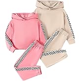 Fdqin Girl's Clothing Sets Plaid 4 Piece Outfits Long Sleeve Hooded Sweatshirt and Sweatpants Kids Sweatsuits 4-12 Years