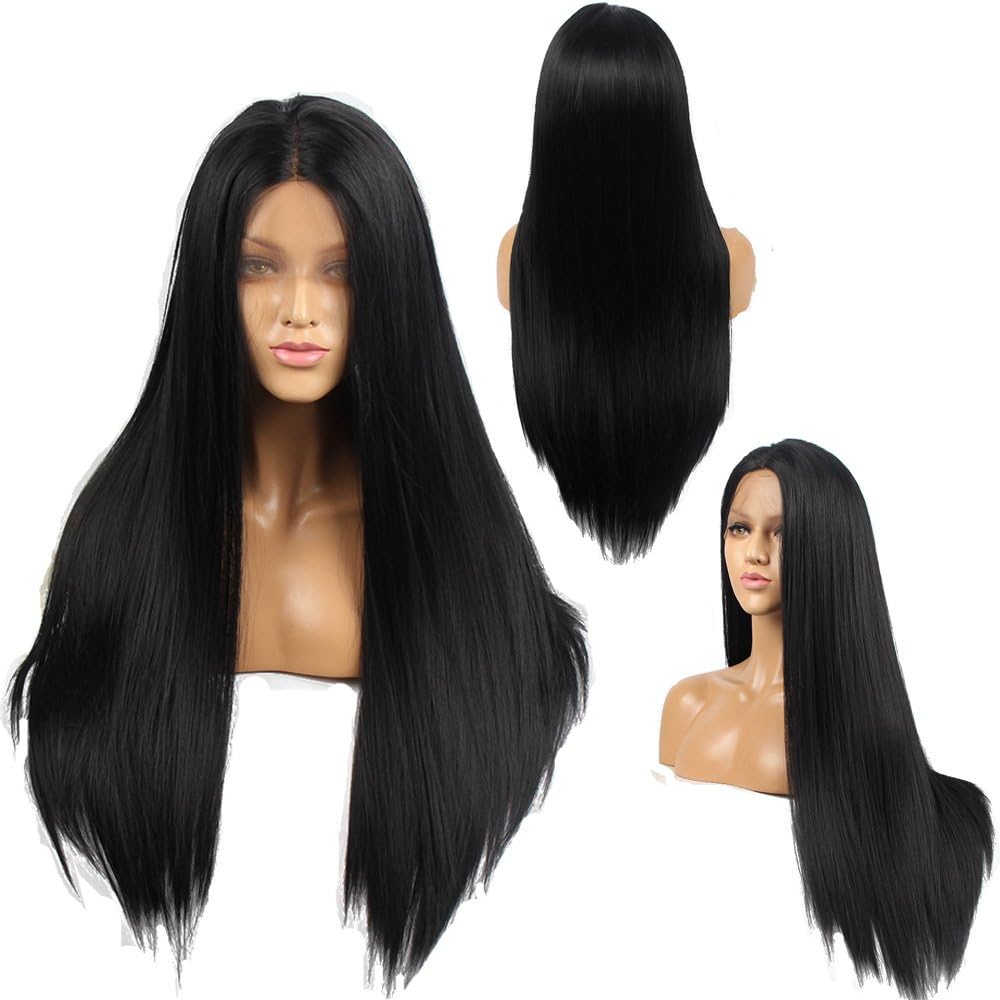 Ivan Cosmetic Synthetic Lace Front Natural Straight Kanekalon Fiber High Temperature Resistant Wigs With Baby Hair Pre Plucked Hairline For All Skins Women.(Black,24")