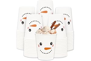 Whaline Winter Snowman Paper Cups 9 Oz White Snow Man Disposable Hot Chocolate Cups Holiday Snowman Coffee Drinking Cups for Hot Cold Beverage Drink Juice Cocoa Winter Party Supplies, 50Pcs