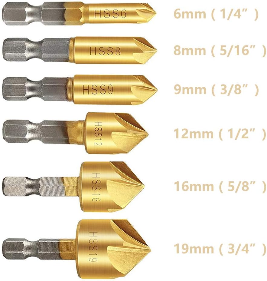 Countersink Drill Bits Set, 1/4'' Hex Shank Five-Blade Chamfering Drill, High Speed Steel with Titanium Coated, for Wood DIY Quick Change Drill Bit (6 Pcs, 6/8/9/12/16/19mm)