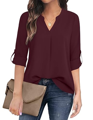 Timeson Chiffon Blouses for Women Women's Dress Shirts for Office Work,  Long Ladies Dressy Tops, Business Casual Shell Tops, V-Neck 3/4 Sleeve