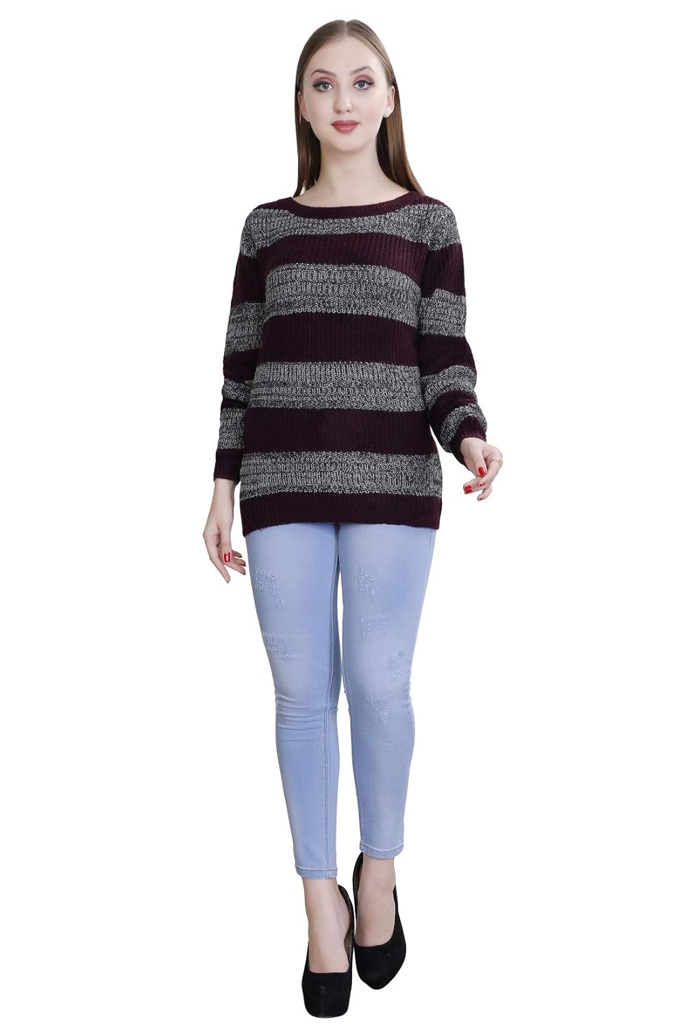 oleta- women's acrylic striped sweater/pullover with round neck purple