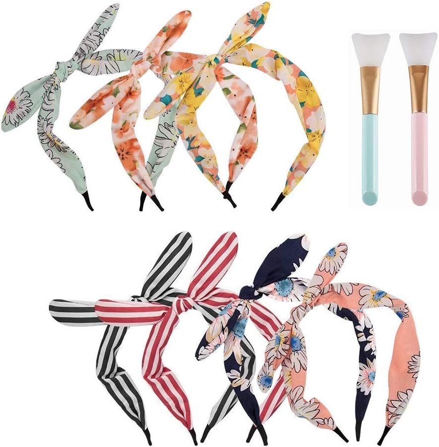 VELSCRUN 7 Pack Stylish Bow Headband Hard Headbands Hair Hoops with 2 Pack Silicion Facial Mask Brush for Women and Girls