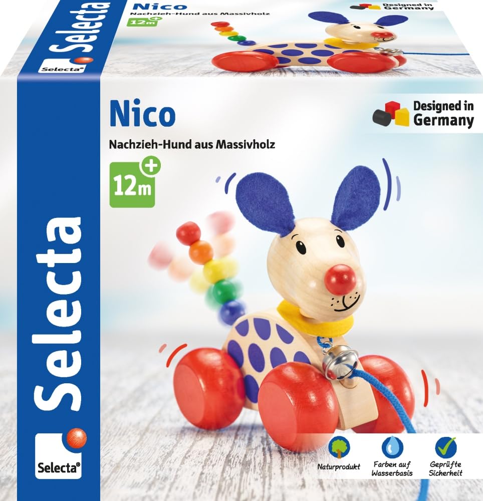 Selecta 62026 Nico Pull Along Dog Toy 1 Year to 3 Years Wooden 12 cm