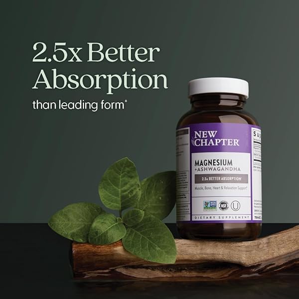 NEW CHAPTER MAGNESIUM + ASHWAGANDHA SUPPLEMENT, 325 MG WITH MAGNESIUM GLYCINATE, 2.5X ABSORPTION, MUSCLE RECOVERY, HEART & BONE HEALTH, CALM & RELAXATION, GLUTEN FREE, NON-GMO – 60 CT (2 MONTH SUPPLY)