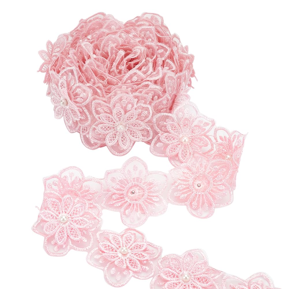 FINGERINSPIRE 5Yard/4.6m Flower Lace Pearl Trim Ribbon 6cm Wide Embroidered 3D Flower Lace Edge Trim Pink Organza Lace Trim for Sewing Pearl Beads Floral Embroidered Lace Trim for DIY Crafts