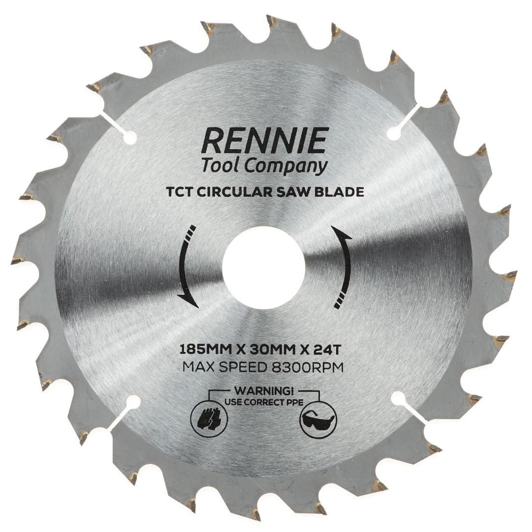 185mm x 24T TCT Saw Blade. 185mm Circular Saw Blade For Rip Cuts x 30mm Bore + 25mm/20mm/16mm Bore Reduction Rings Fits Evolution Bosch Makita Ryobi Dewalt Circular Saws etc, Fits 190mm Circular Saw