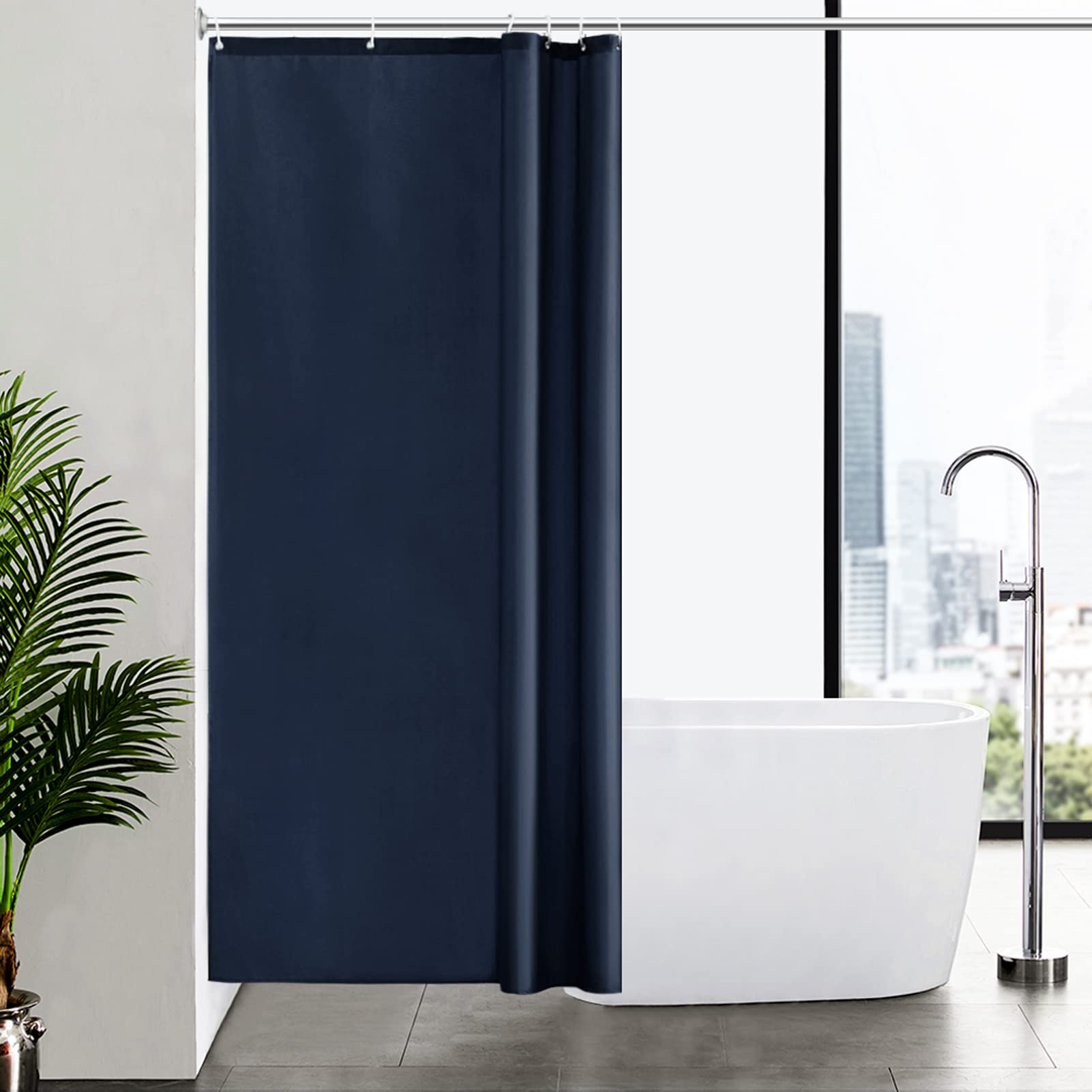 Furlinic Navy Shower Curtain Anti Mould Resistant Waterproof Bathroom Curtains Washable Polyester Fabric 100x200cm with Weight Tape for Bath Wet Room 39x78 Inch.