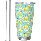 CHASOEA Lemon Tumbler 20oz Fruit Stainless Steel Vacuum Insulated Tumblers with Lid and Straw Mint Green Travel Coffee Mug Tea Wine Cups Water Bottle Gifts for Women