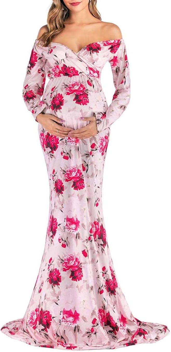 ZIUMUDY Maternity Fitted Gown V Neck Ruched Off Shoulder Long Sleeve Maxi Photography Dress (X-Large, Sweetheart Taupe Plum)