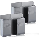 2 Pcs Wall Mount Phone Holder Self Adhesive Phone Shelf with Data Cable Receiving Hole, Grey Charger Remote Control Storage Box, Cell Cradle Bedside Organizer Remote Control Stand for Home Office