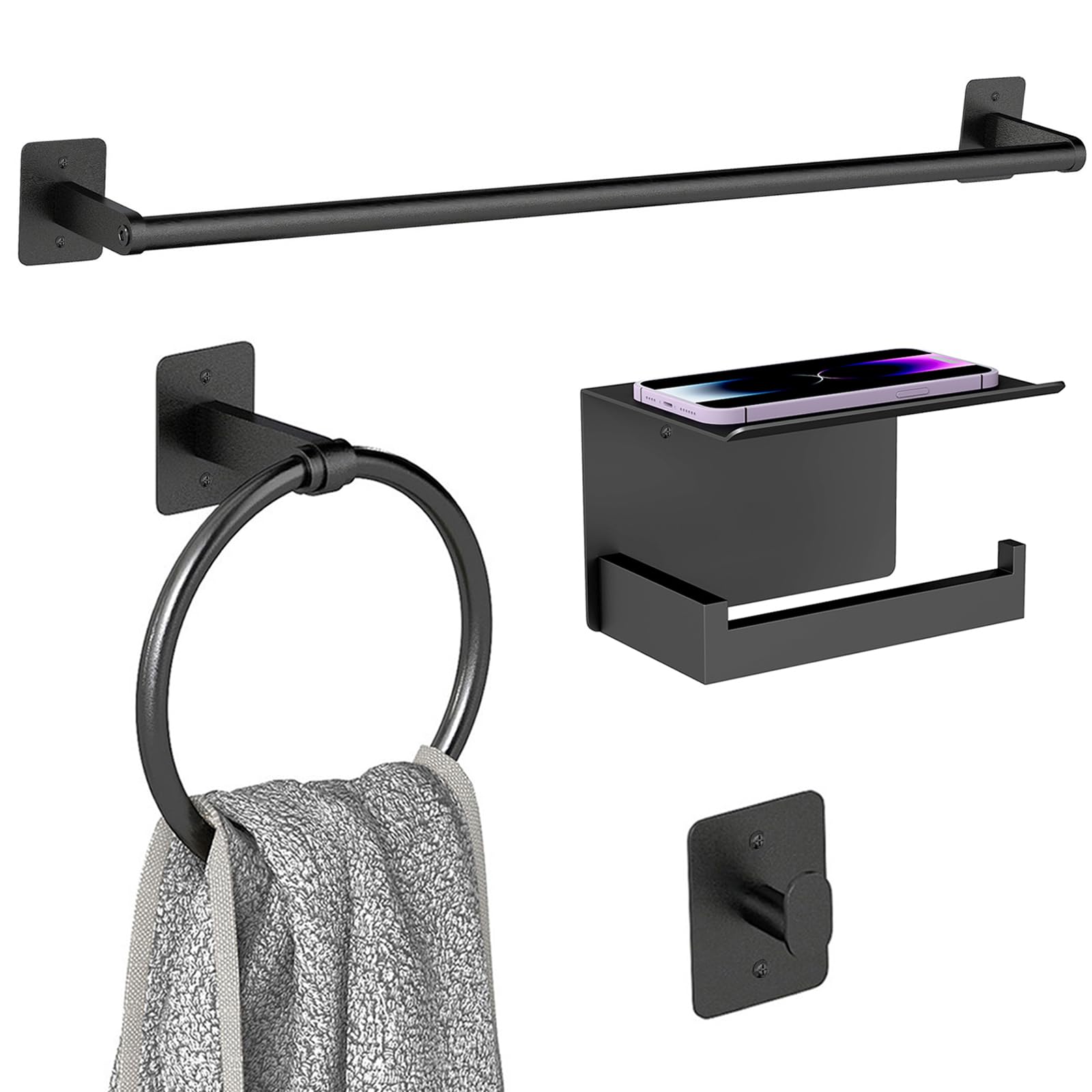 Photo 1 of Matte Black Bathroom Accessories Set 4-Pieces, Towel Racks for Bathroom 24Inch Towel Bar, Towel Ring, Towel Hooks, Toilet Paper Holder with Shelf, Stainless Steel Wall Mounted Bathroom Hardware Set
