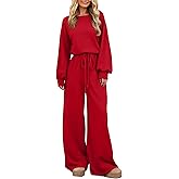 GAMISS Women's Long Sleeve Jumpsuits Casual Boat Neck Wide Leg Rompers Elastic Waist Drawstring Long Pants Overalls