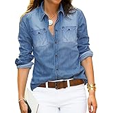Vetinee Women's Button Down Denim Shirt Collared Casual Long Sleeve Pocket Tops