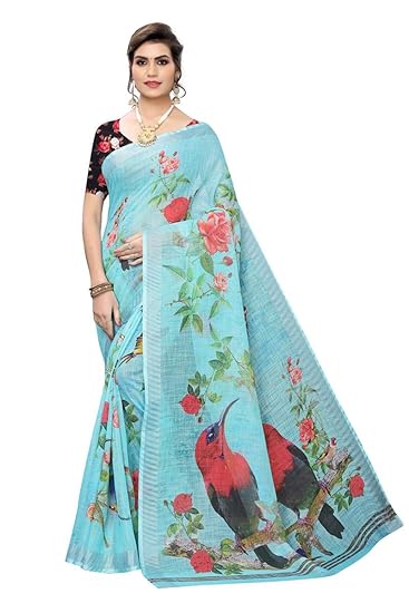 Womens Blue Color Linen Saree With Blouse Piece (MAYANSHI_BLUE_FREE SIZE)