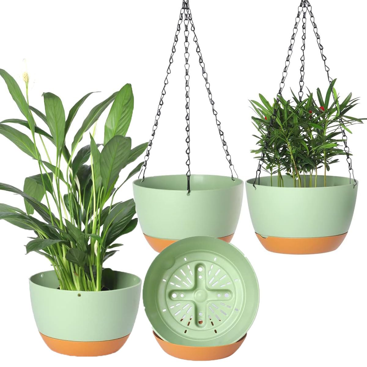 Aeetial 4 PCS Plastic Hanging Planters Set,8.3 Inch Hanging Flower Pot with Drainage Hole and Removable Tray for Indoor Outdoor Plants, Home Garden Porch Balcony Patio Decor (Green)