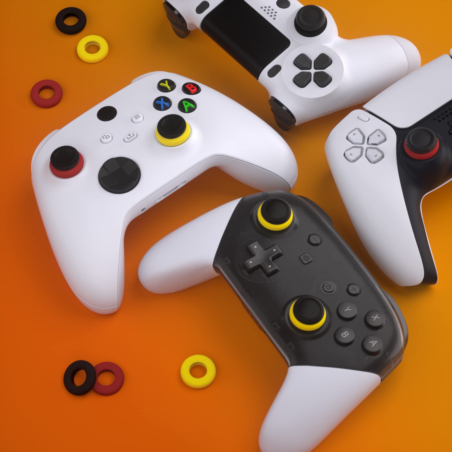 PlayVital 6 Pack Silicone Precision Rings for PS5, for PS4, for Xbox Series X/S, Xbox One, Xbox 360, for Switch 2 Pro, for Steam Deck - Aim Assist Target Motion Control, Red & Black & Yellow