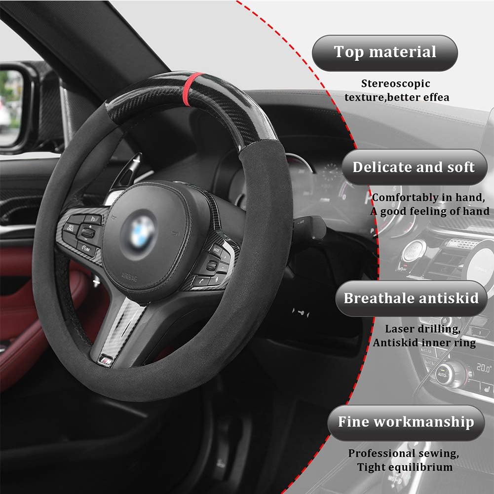 YANDA Car Carbon Fiber Suede Steering Wheel Cover Auto Anti-Slip Leather Automotive Interior Accessories Decorate 15 Inch Universal Red & Black Color: Automotive
