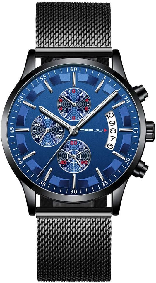 CRRJU Classic Business Waterproof Men Mesh Strap Watch Casual Multi-funtion Chronograph Male Wristwatch with Complete Calendar
