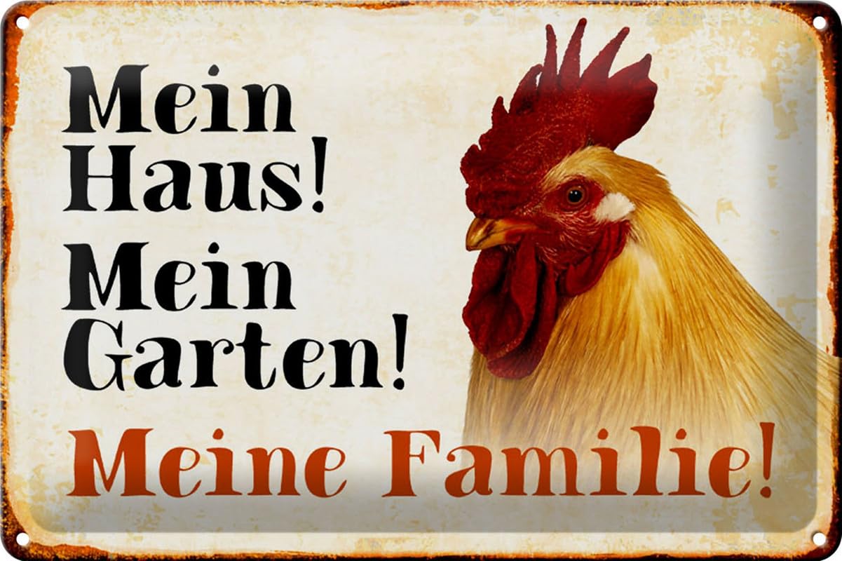 Tin Sign 20 x 30 cm Curved Chicken Rooster My House Garden My Family Decorative Gift Sign