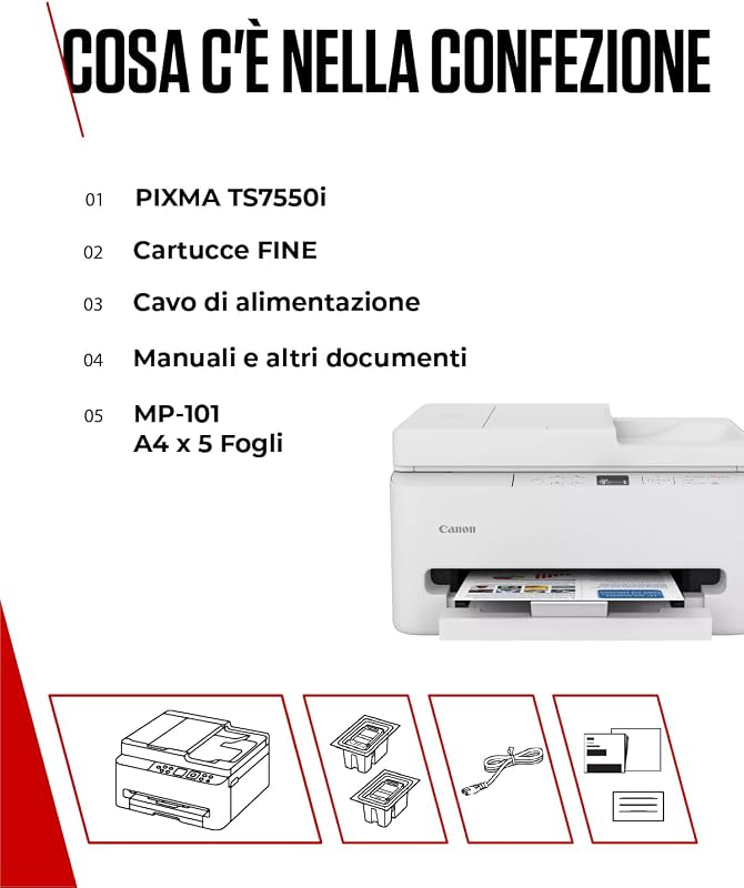 PIXMA TS7550I - Stampante Multifunzione con Connettività Wi-Fi, Alimentatore Automatico da 35 fogli PIXMA Print Plan - Include Carta Fotografica A4 MP-101, 5 Fogli