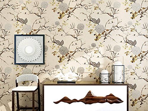 Poowef Wallpaper Modern New Chinese Style Wallpaper, Flower, Bird, Classical Non Woven Fabric Wallpaper, Wallpaper, Bedroom, Wall Paper, Living Room, Chinese Wind Yellow, 0.53 * 10M,Yellowish Rice