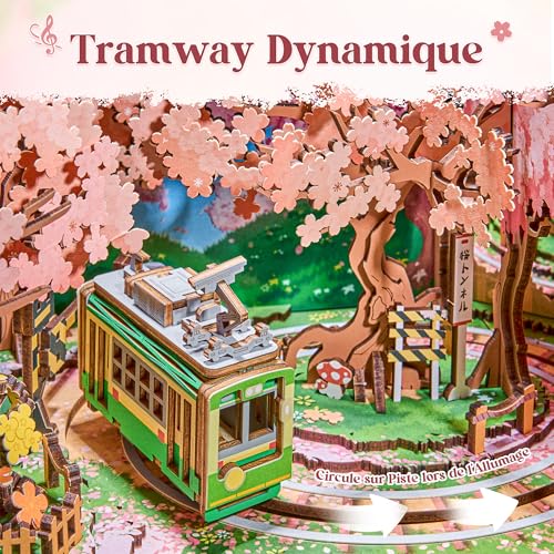 Rolife 3D Anime Sakura Tram TV Decor Jigsaw Puzzle Wooden Model 283 Pieces - Wooden Model Building with Mobile Tram & LED, Cherry Blossom Scene, Gift for Construction & Home