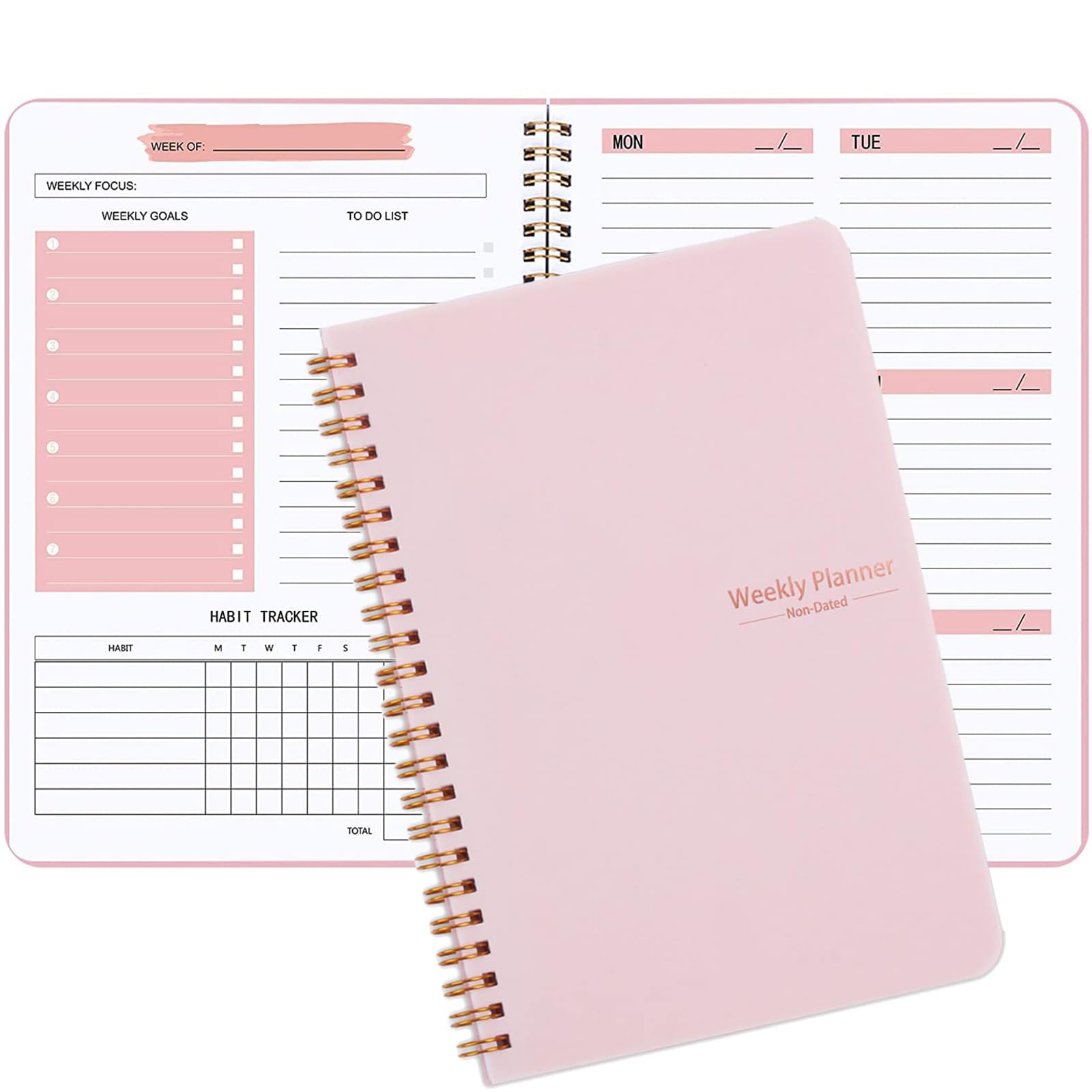 Moseem Weekly Planner Notebook, Undated A5 Daily To Do List Diary,Weekly Goals Planner with Habit Tracker 52 Weeks Planning for College Work Adhd Planner(Pink) — image 1