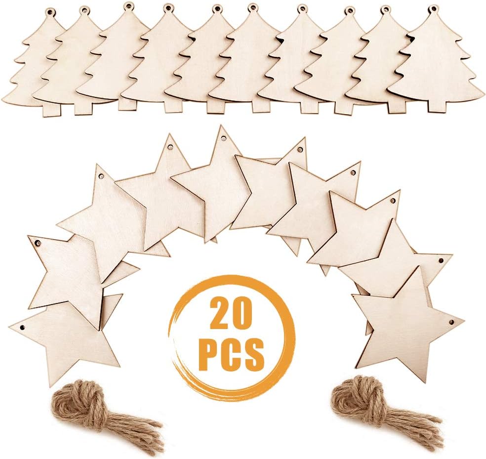 Quacoww 2 Styles DIY Unfinished Wooden Christmas Hanging Ornaments for Christmas Tree Decorations and Wood Craft, Set of 20